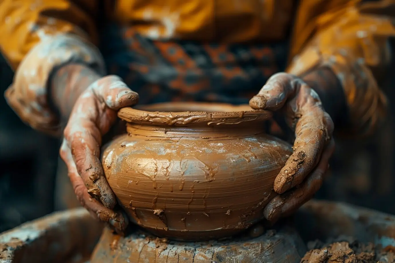 Nahaufnahme von Händen, die an Keramik arbeiten.